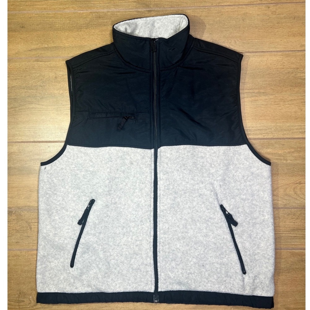 Vintage Faded Glory Mens Fleece Vest Black Gray Full Zip Pockets Sz Large 90s